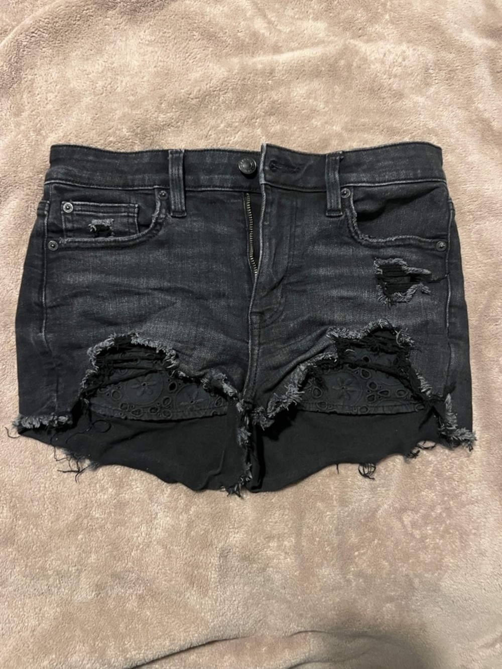 American Eagle Outfitters Black Distressed Denim Shorts with Lace Insets